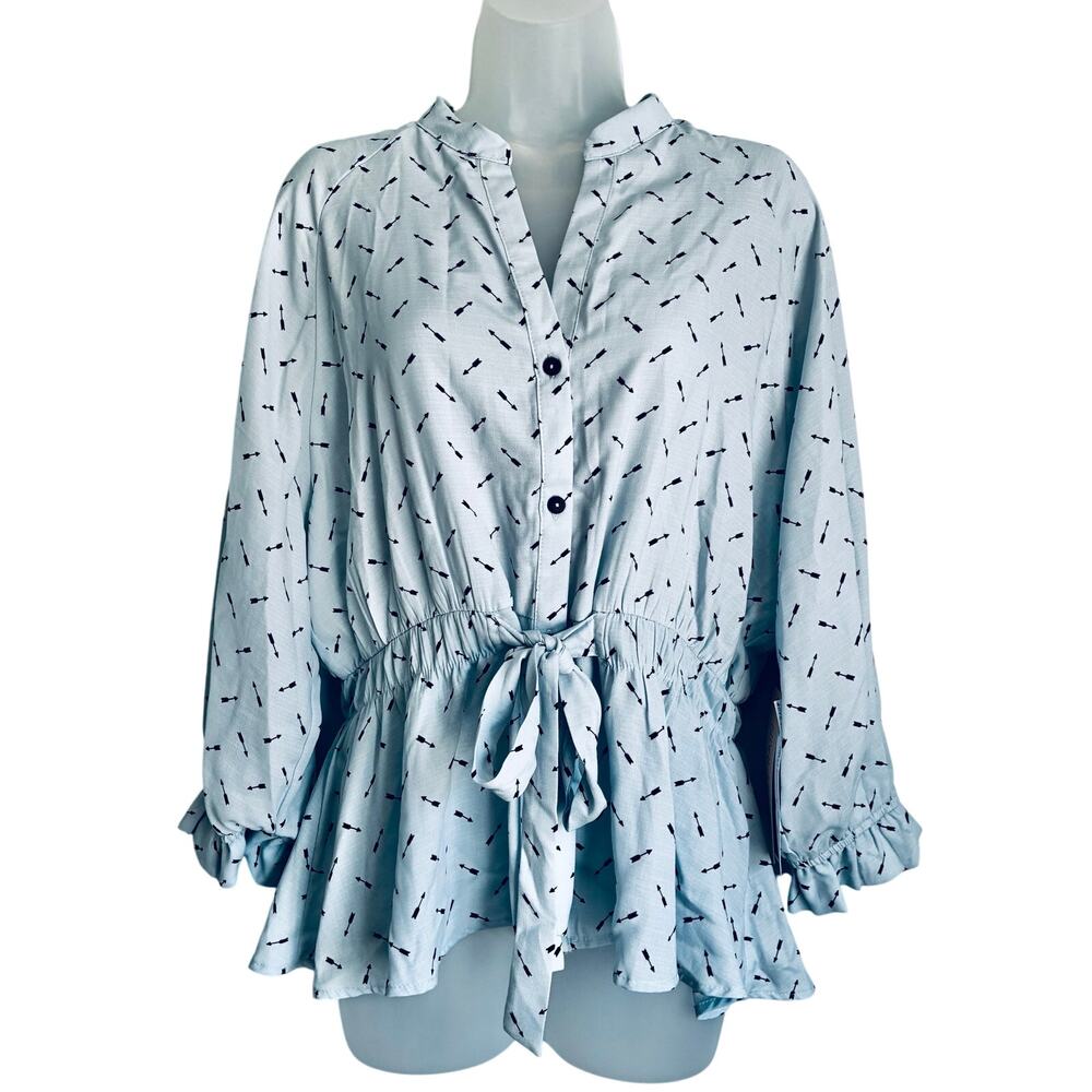 Sweet Rain Peplum Waist Tie Blouse Peasant Sleeves Blue Arrow Large